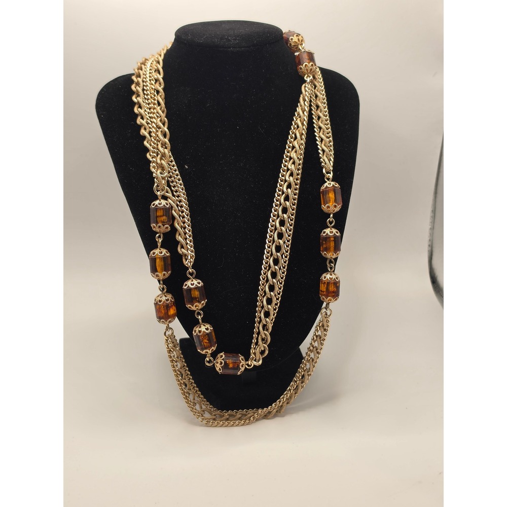Vintage Sarah Coventry Amber Bead Multi‎ Strand Gold Tone Layered Necklace 30"